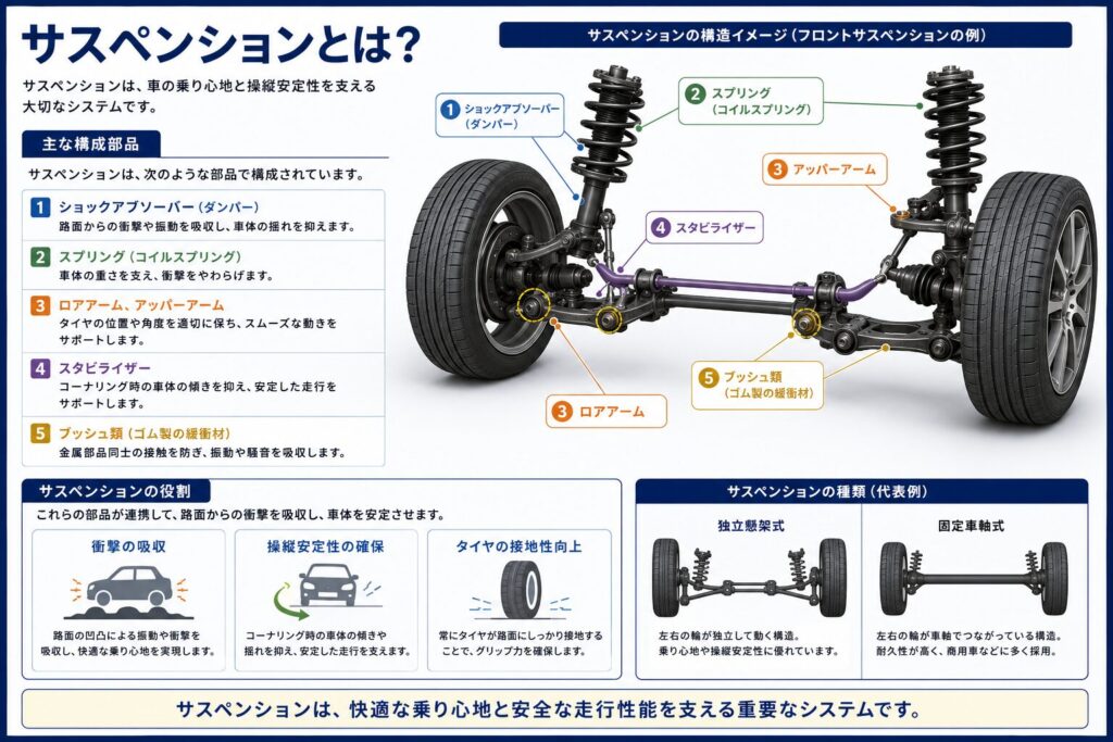 サスペンションとは？
サスペンションは、車の乗り心地と操縦安定性を支える大切なシステムです。

主に次のような部品で構成されています。

ショックアブソーバー（ダンパー）

スプリング（コイルスプリング）

ロアアーム、アッパーアーム

スタビライザー

ブッシュ類（ゴム製の緩衝材）

これらが連携して、路面からの衝撃を吸収し、車体を安定させ