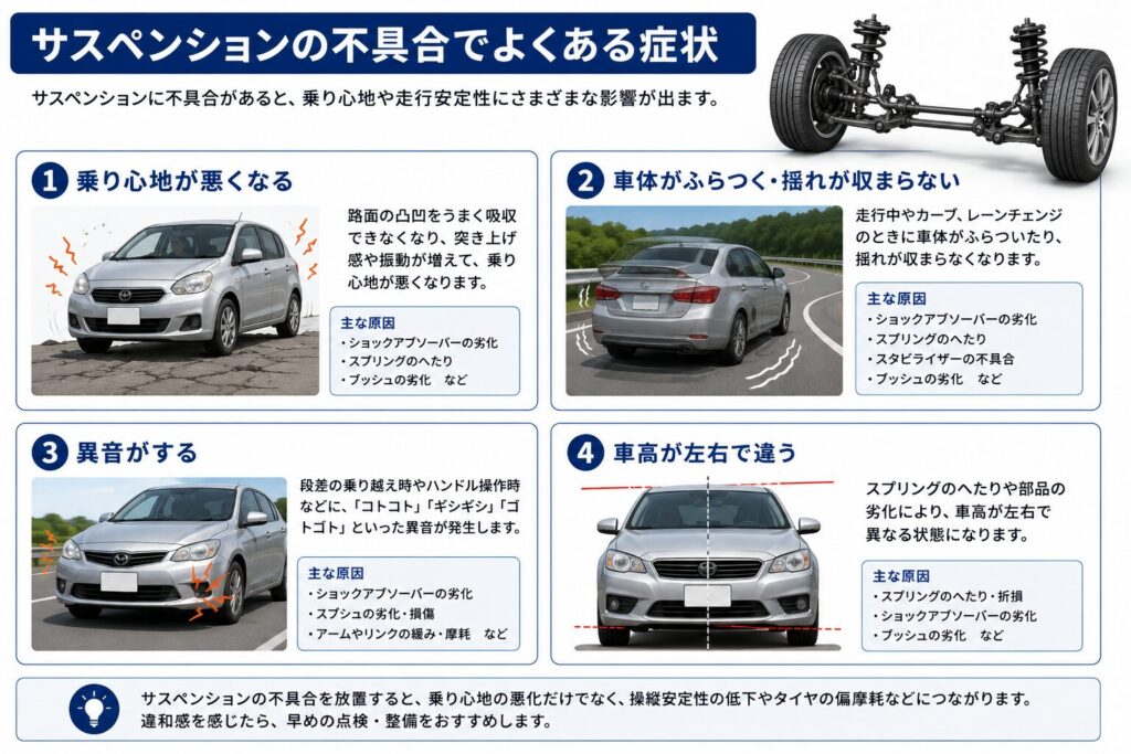 サスペンションの不具合でよくある症状
乗り心地が悪くなる
車体がふらつく・揺れが収まらない
異音がする
車高が左右で違う