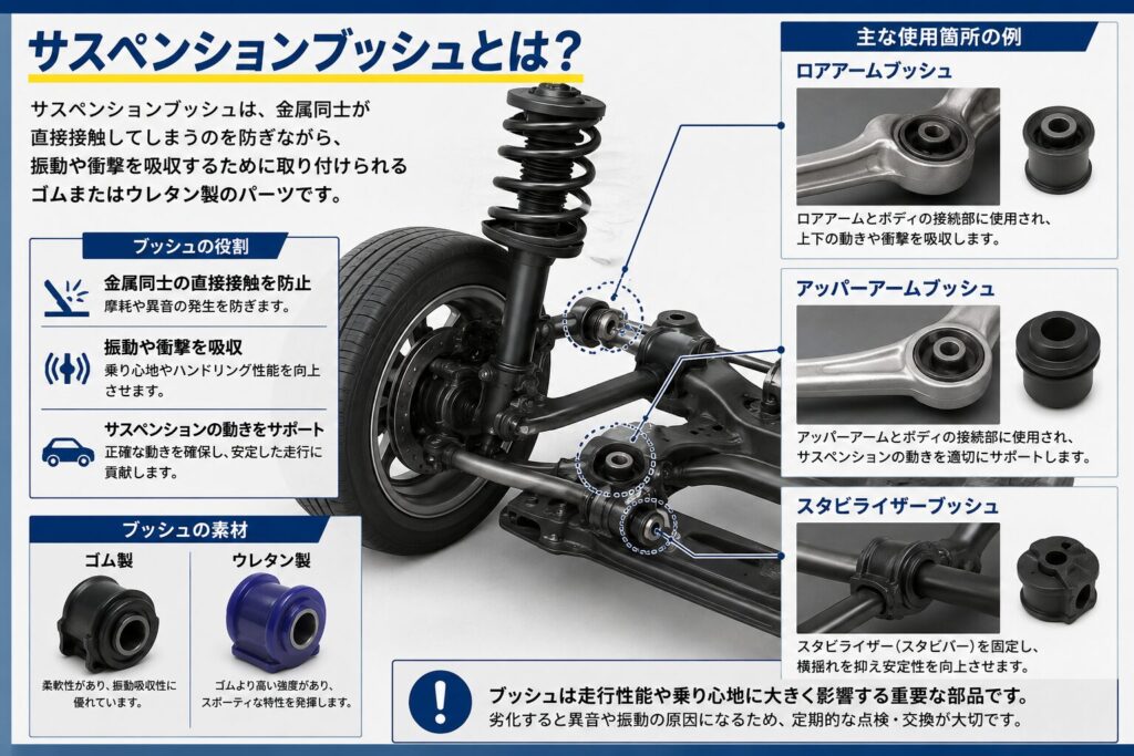 サスペンションブッシュは、金属同士が直接接触してしまうのを防ぎながら、振動や衝撃を吸収するために取り付けられるゴムまたはウレタン製のパーツです。 具体的には、 ロアアームブッシュ アッパーアームブッシュ スタビライザーブッシュ など、さまざまな箇所に使われています。