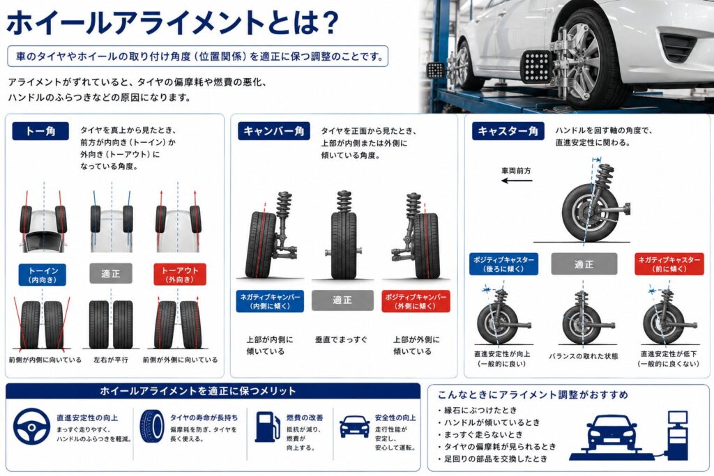 ホイールアライメントとは?
車のタイヤやホイールの取り付け角度(位置関係)を適正に保つ調整
トー角
タイヤを真上から見たとき、前方が内向き(トーイン)か外向き(トーアウト)になっている角度。
キャンバー角
タイヤを正面から見たとき、上部が内側または外側に傾いている角度。
キャスター角
ハンドルを回す軸の角度で、直進安定性に関わる。