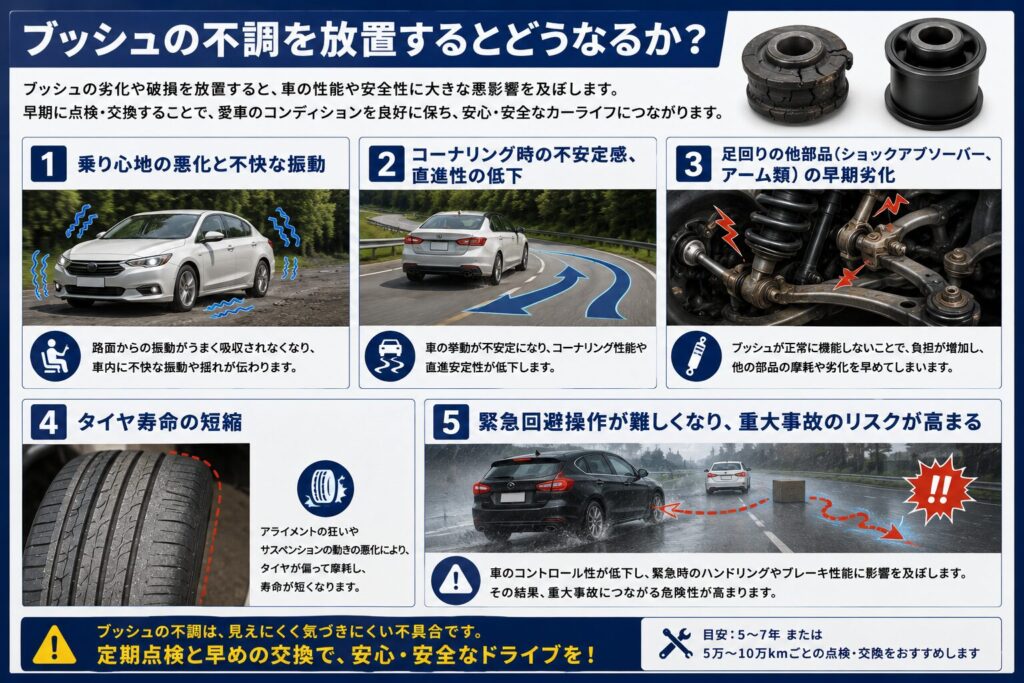 ブッシュの不調を放置するとどうなるか？ 乗り心地の悪化と不快な振動 コーナリング時の不安定感、直進性の低下 足回りの他部品（ショックアブソーバー、アーム類）の早期劣化 タイヤ寿命の短縮 緊急回避操作が難しくなり、重大事故のリスクが高まる