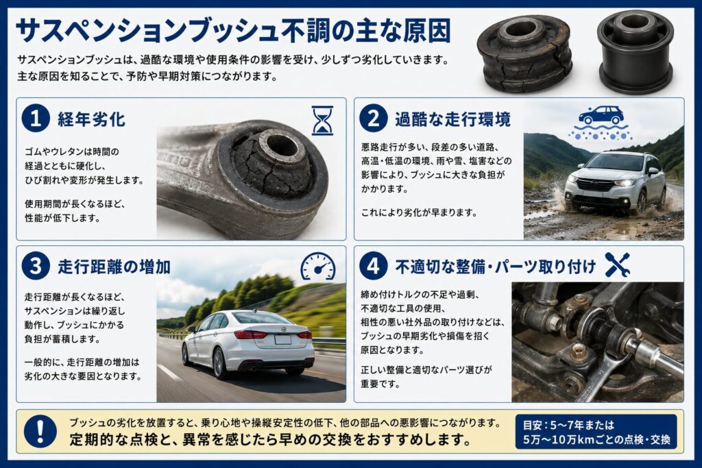サスペンションブッシュ不調の主な原因 経年劣化 過酷な走行環境 走行距離の増加 不適切な整備・パーツ取り付け