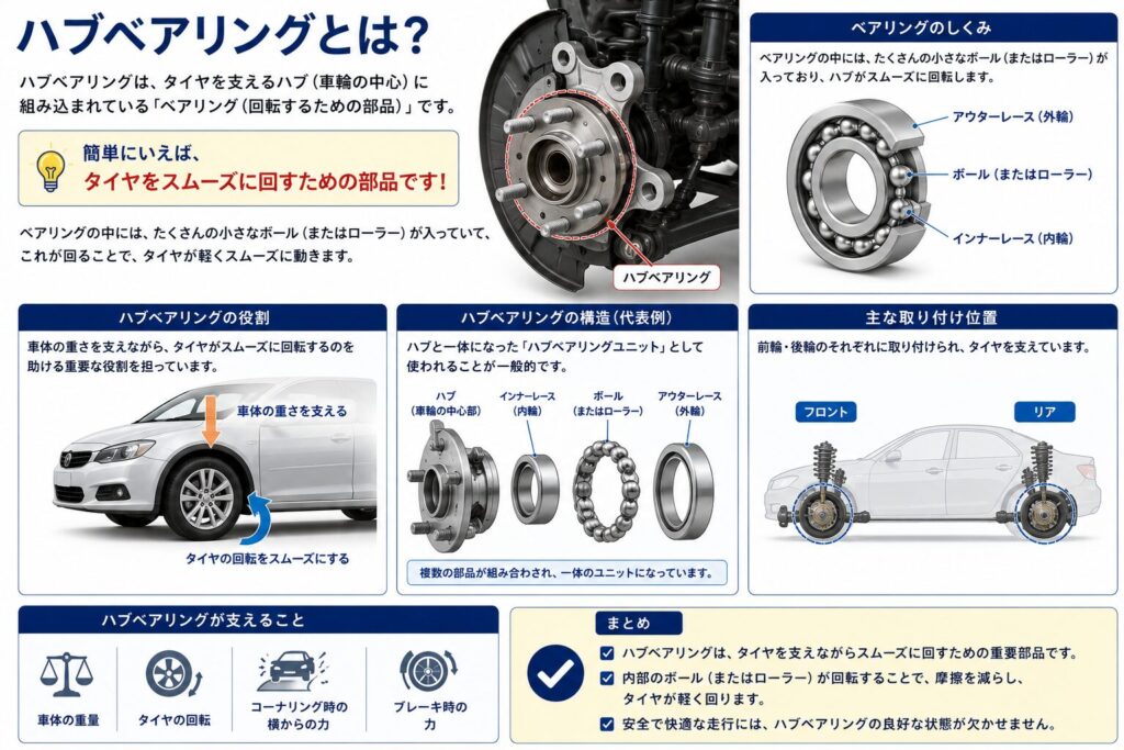ハブベアリングとは? ハブベアリングは、タイヤを支えるハブ(車輪の中心)に組み込まれている「ベアリング(回転するための部品)」です。 簡単にいうと、 タイヤをスムーズに回すための部品ですね! ベアリングの中には、たくさんの小さなボール(またはローラー)が入っていて、 これが回ることで、タイヤが軽くスムーズに動きます。