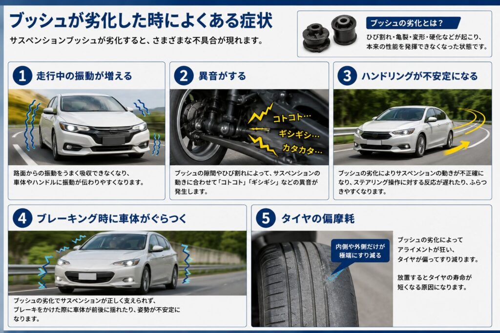 ブッシュが劣化した時によくある症状
走行中の振動が増える
異音がする
ハンドリングが不安定になる
ブレーキング時に車体がぐらつく
タイヤの偏摩耗