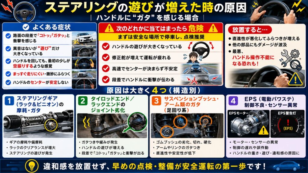 ステアリングの遊びが増えた時の原因|ハンドルに“ガタ”を感じる場合