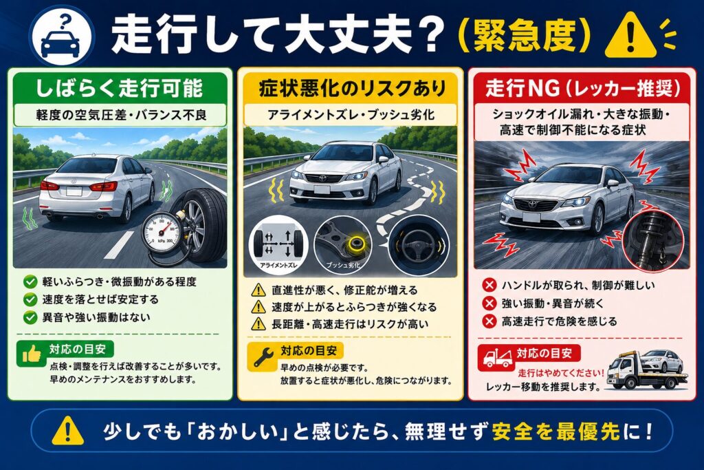 緊急時の走行判断を示す三段パネル。左: 走行可、中央: 症状悪化リスク、右: 走行NGとレッカー推奨