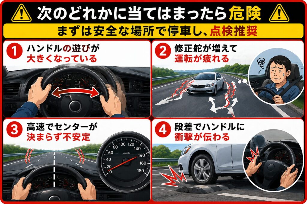 ⚠️ 次のどれかに当てはまったら危険 ⚠️ まずは安全な場所で停車し、点検推奨 ハンドルの遊びが大きくなっている 修正舵が増えて運転が疲れる 高速でセンターが決まらず不安定 段差でハンドルに衝撃が伝わる