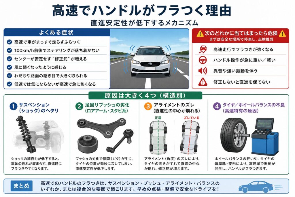 高速でハンドルがフラつく理由|直進安定性が低下するメカニズム