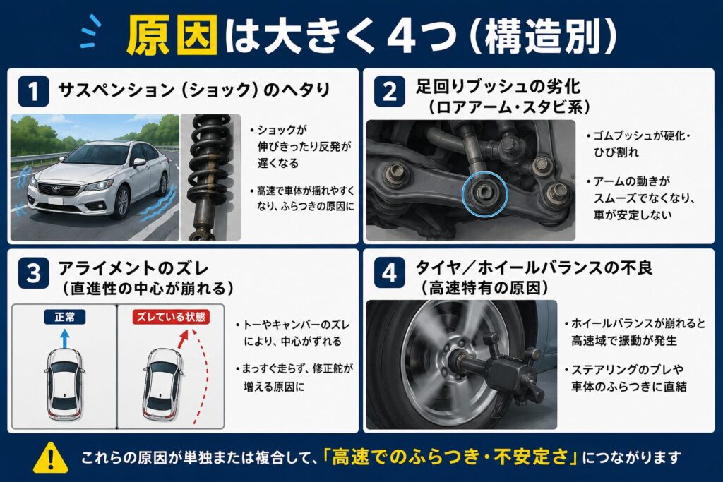 サスペンション(ショック)のヘタり
足回りブッシュの劣化(ロアアーム・スタビ系)
アライメントのズレ(直進性の中心が崩れる)
タイヤ/ホイールバランスの不良(高速特有の原因)