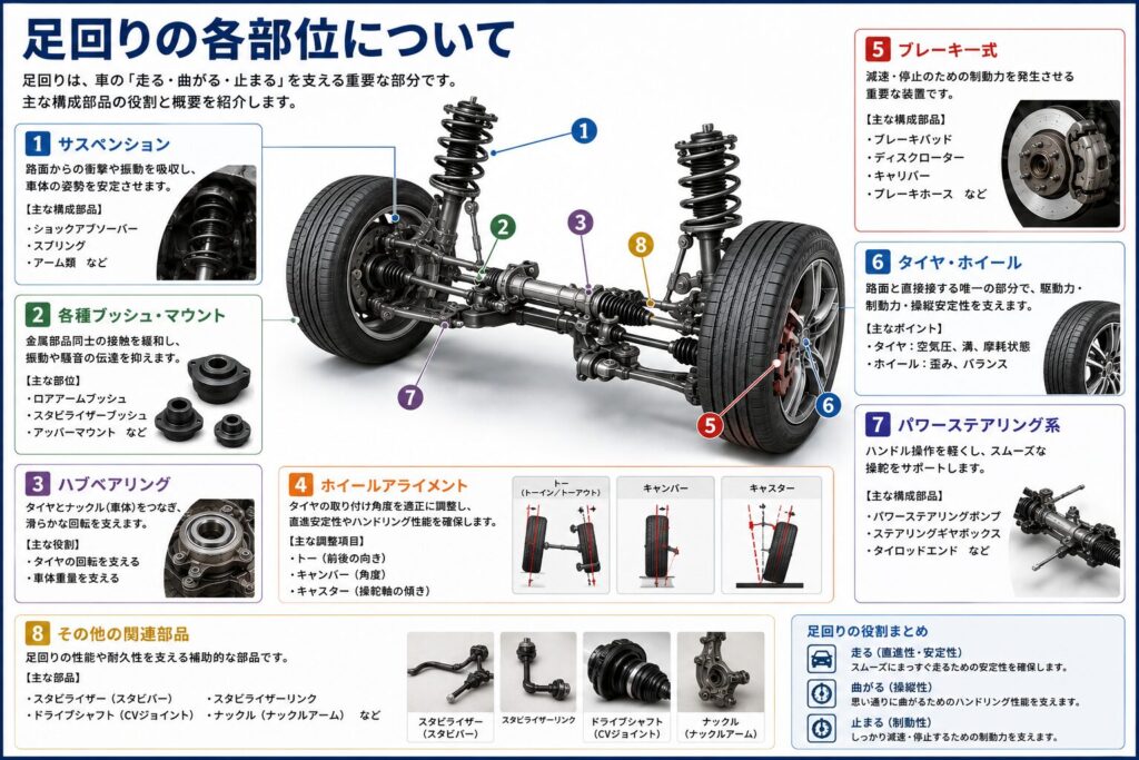足回りは、
サスペンション
各種ブッシュ・マウント
ハブベアリング
ホイールアライメント
ブレーキ一式
タイヤ・ホイール
パワーステアリング系
といった多くの