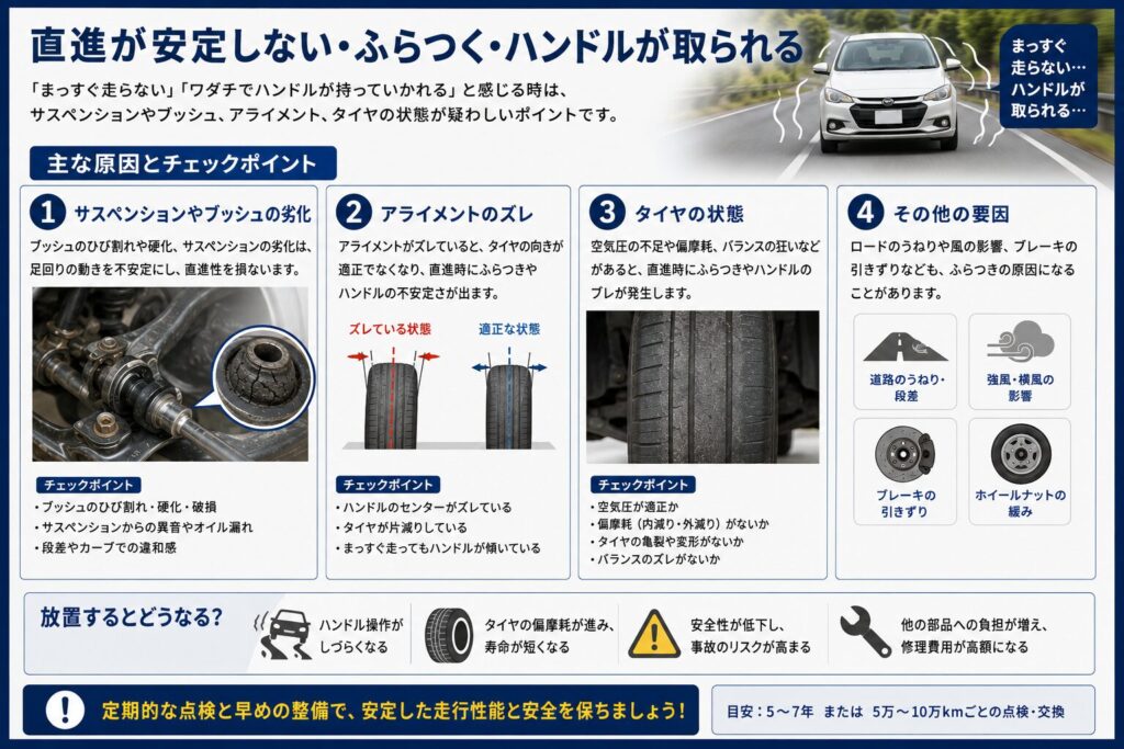 直進が安定しない・ふらつく・ハンドルが取られる 「まっすぐ走らない」「ワダチでハンドルが持っていかれる」と感じる時は、サスペンションやブッシュ、アライメント、タイヤの状態が疑わしいポイントです。