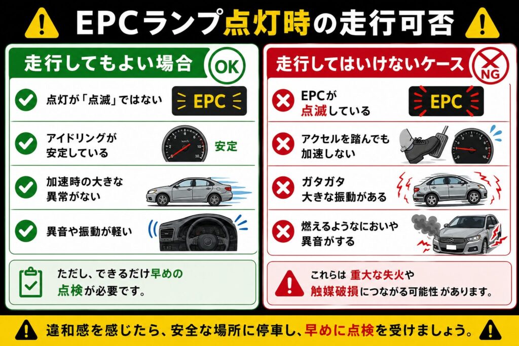 EPCランプ点灯時の走行可否 走行してもよい場合 点灯が「点滅」ではない アイドリングが安定している 加速時の大きな異常がない 異音や振動が軽い ただし、できるだけ早めの点検が必要です。 走行してはいけないケース EPCが点滅している アクセルを踏んでも加速しない ガタガタ大きな振動がある 燃えるようなにおいや異音がする これらは 重大な失火や触媒破損につながる可能性 があります。