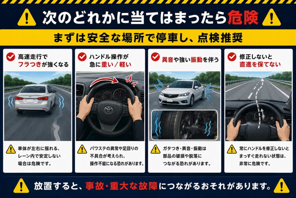 運転安全の警告ポスター。4つの場面で、高速走行時のふらつき、ハンドルの急な重さ・軽さ、異音と振動、直進を保てない危険を説明します。