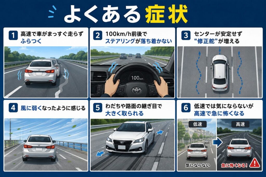 高速で車がまっすぐ走らずふらつく
100km/h前後でステアリングが落ち着かない
センターが安定せず“修正舵”が増える
風に弱くなったように感じる
わだちや路面の継ぎ目で大きく取られる
低速では気にならないが高速で急に怖くなる