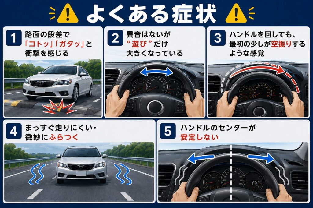 よくある症状 路面の段差で「コトッ」「ガタッ」と衝撃を感じる 異音はないが“遊び”だけ大きくなっている ハンドルを回しても、最初の少しが空振りするような感覚 まっすぐ走りにくい・微妙にふらつく ハンドルのセンターが安定しない