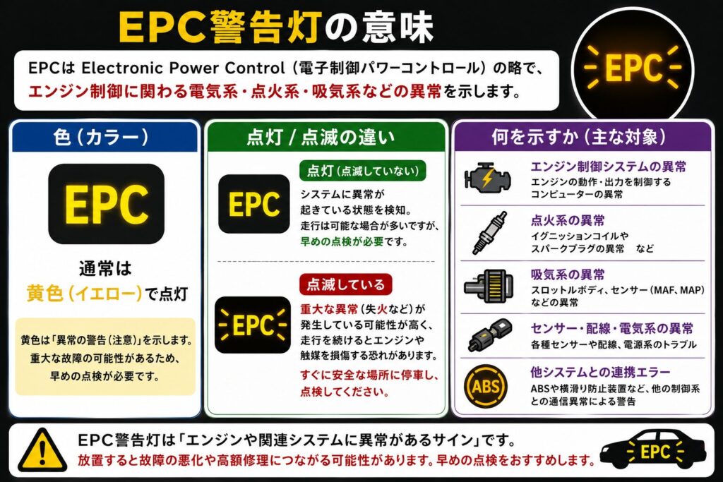 EPC警告灯の意味(色・点灯/点滅・何を示すか)
EPCは Electronic Power Control(電子制御パワーコントロール) の略で、
エンジン制御に関わる電気系・点火系・吸気系などの異常を示します。