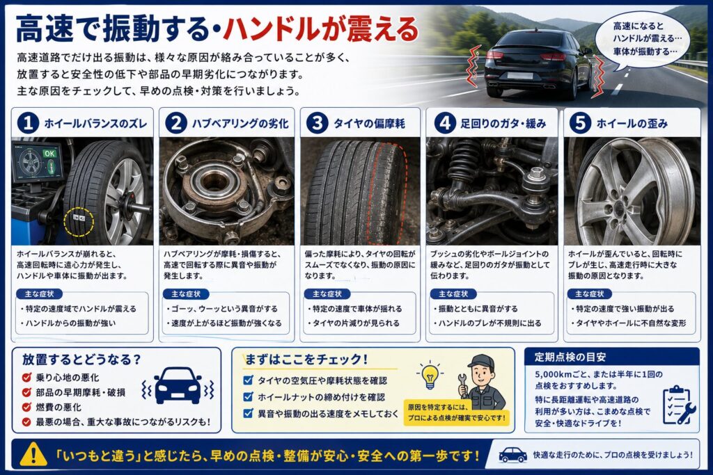 高速で振動する・ハンドルが震える
高速道路でだけ出る振動は、
ホイールバランス
ハブベアリング
タイヤの偏摩耗
足回りのガタ
ホイールの歪み
などが絡んでいることが多いです。